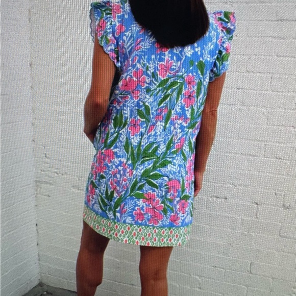 Umgee Blue and Pink Floral ruffle sleeve half zip Dress - Picture 7 of 11